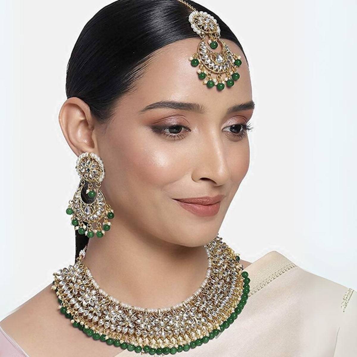 I Jewels Green Gold Plated Traditional Kundan and Pearl Bridal Choker Necklace Jewellery Set
