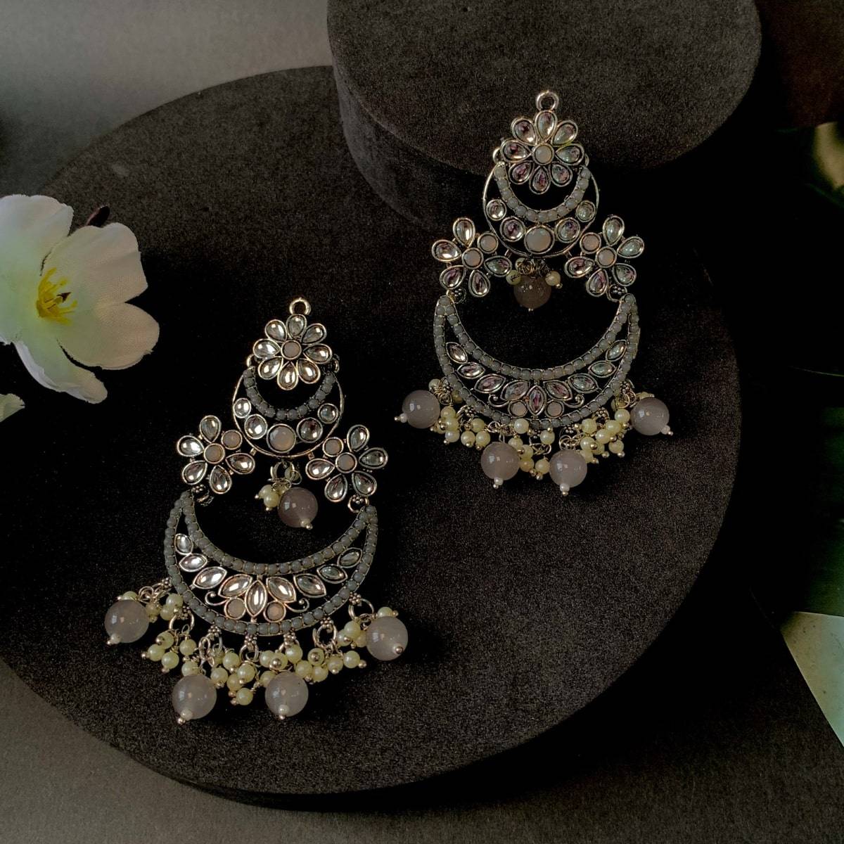 I Jewels Silver Plated Traditional Pearl Kundan Beaded Chandbali Earrings -E3031ZGr
