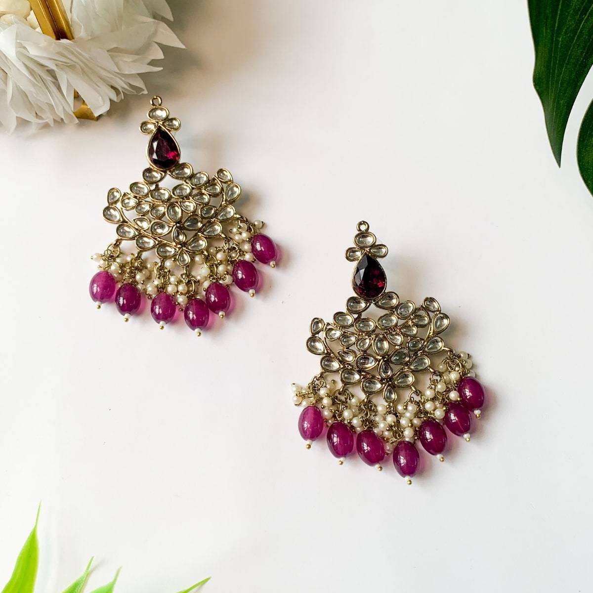 I Jewels Wine Gold Plated Traditional Kundan Pearl Chandbali Earrings -E3152Wi