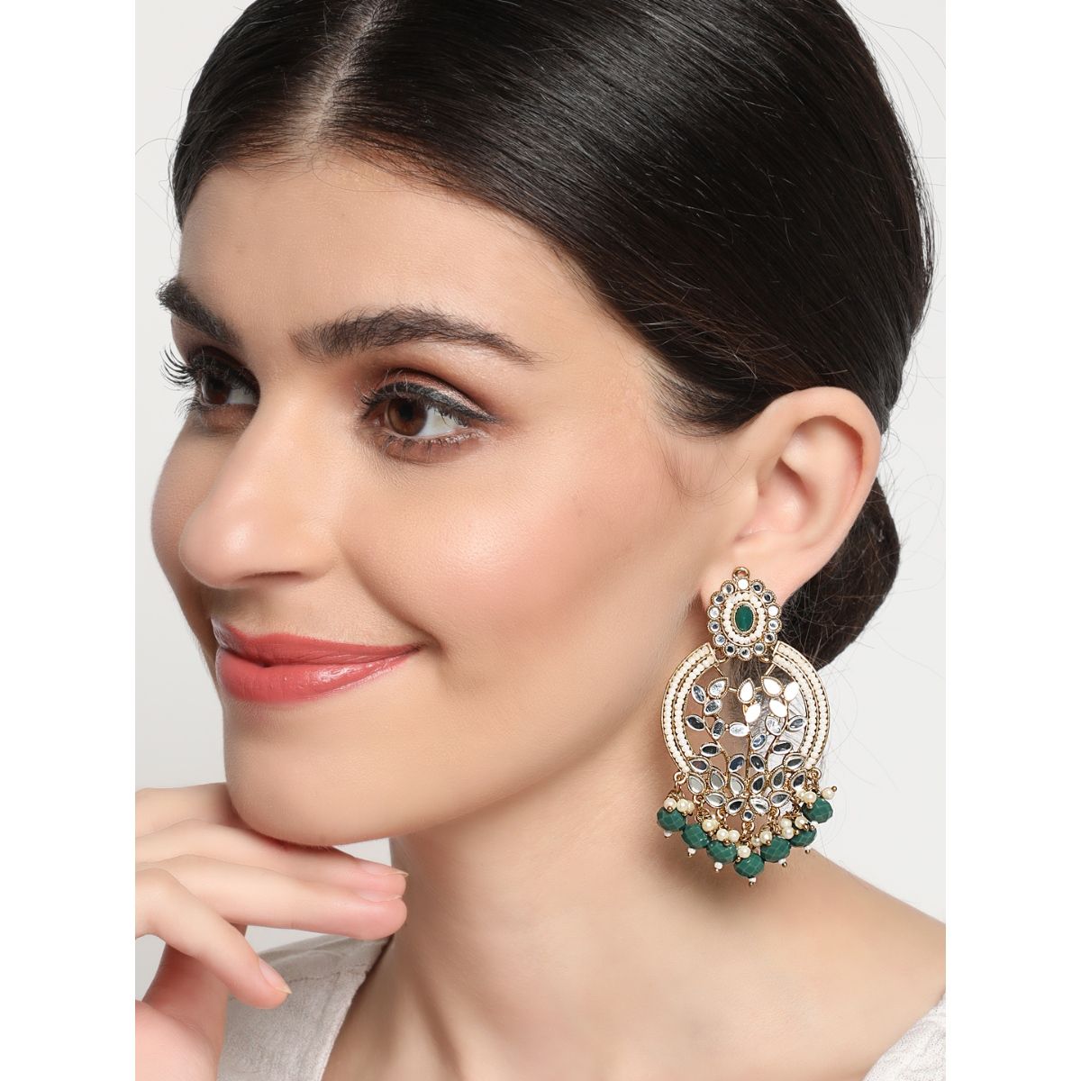 Jazz and Sizzle Green Gold Plated stone Studded and Beaded Classic Drop