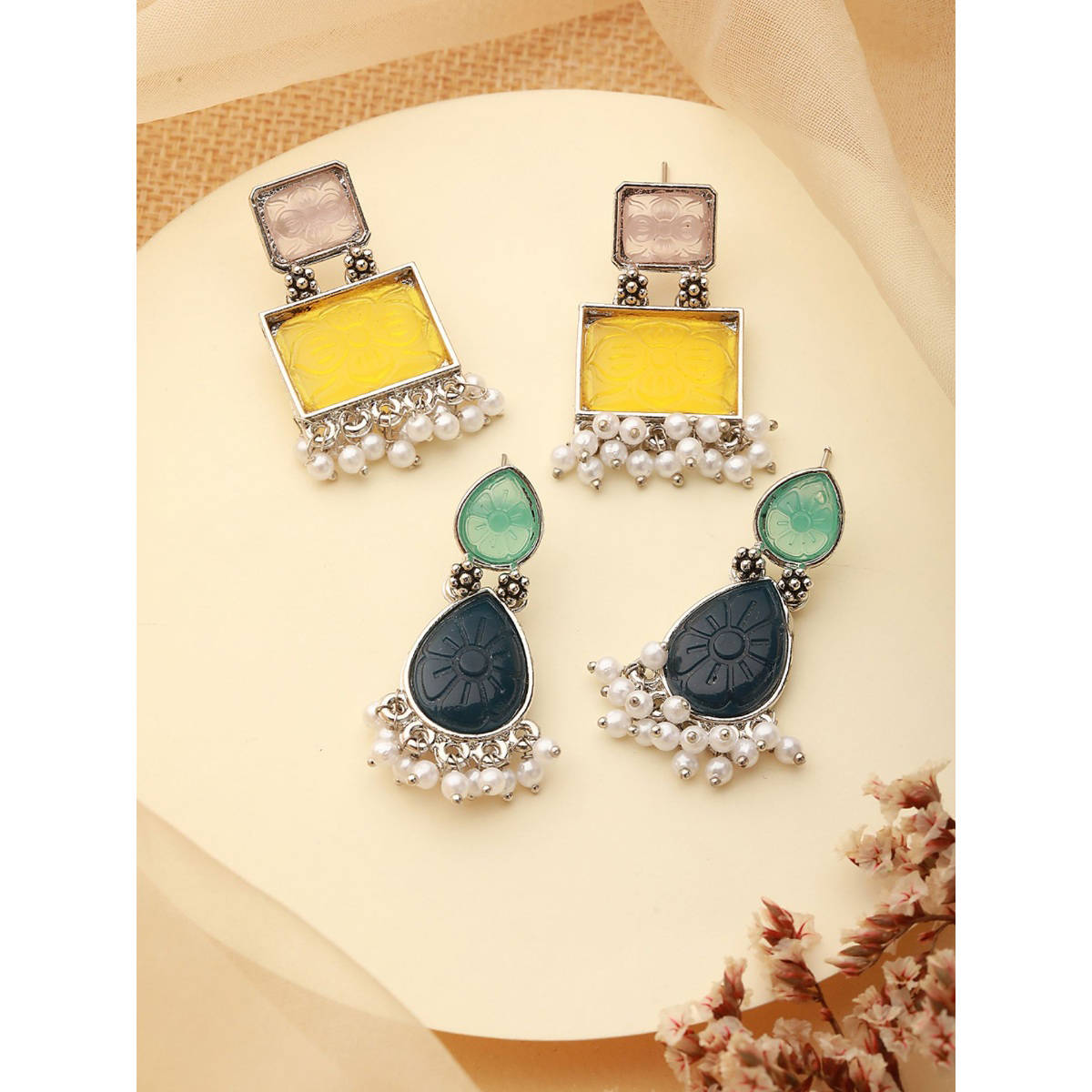 Aatmana Set of 2 Silver-Plated Yellow and Blue Geometric Drop Earrings