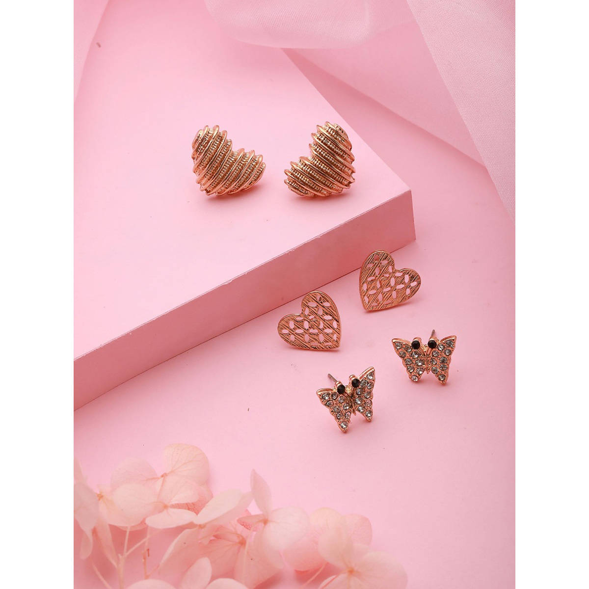 Aatmana Set of 3 Gold-Plated Heart Shaped Stud Earrings