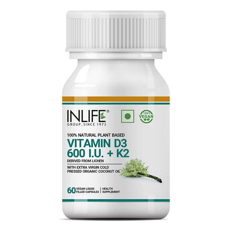 Inlife Plant Based Vegan Vitamin D3 600 Iu K2 Supplement, Lichen Natural Source Of Vitamin D3