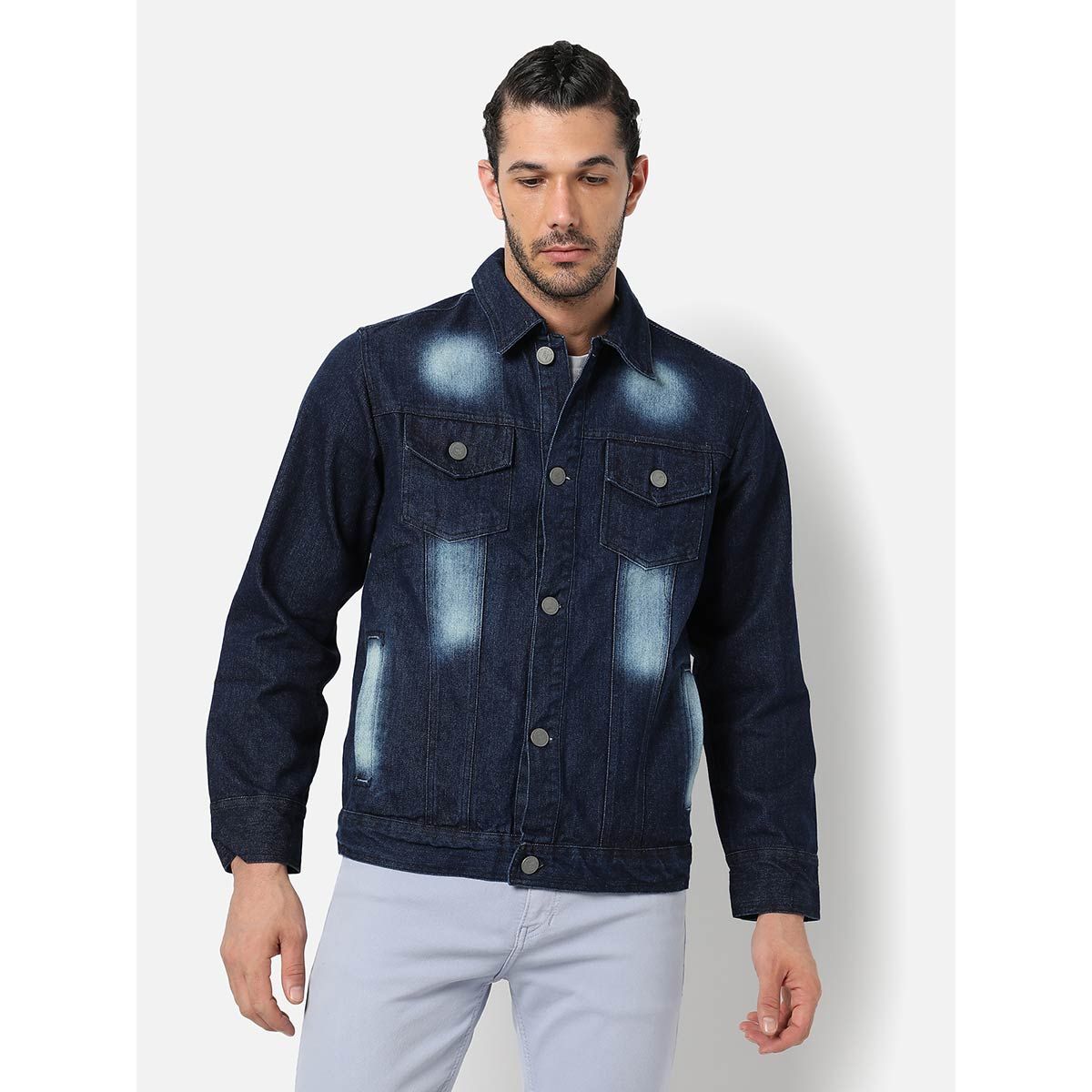 Campus Sutra Men's Dark-wash Denim Jacket With Sweatshirt Sleeve | St.  Vital Centre