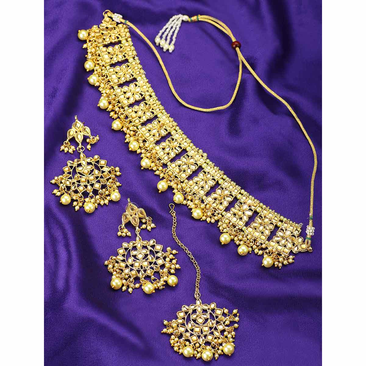 Peora Traditional Jewellery Gold Plated Kundan Necklace Earring Mang Tikka Set (PF37N7069FL)