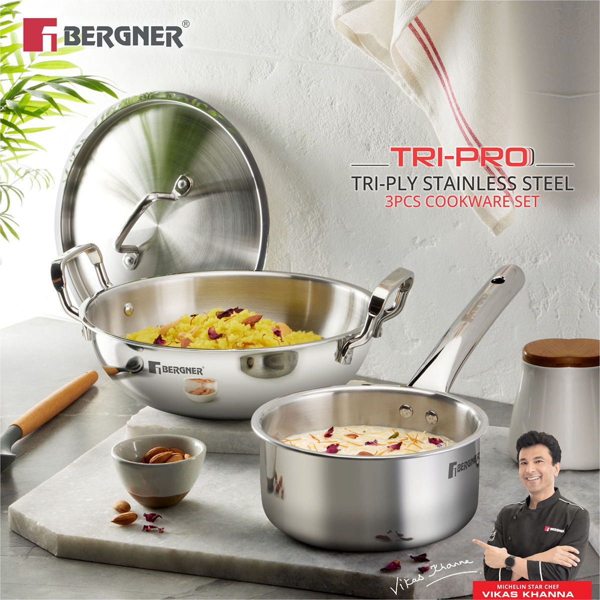 Buy Bergner Tripro Triply Stainless Steel 3 Pc Cookware Set, 24cm Kadai