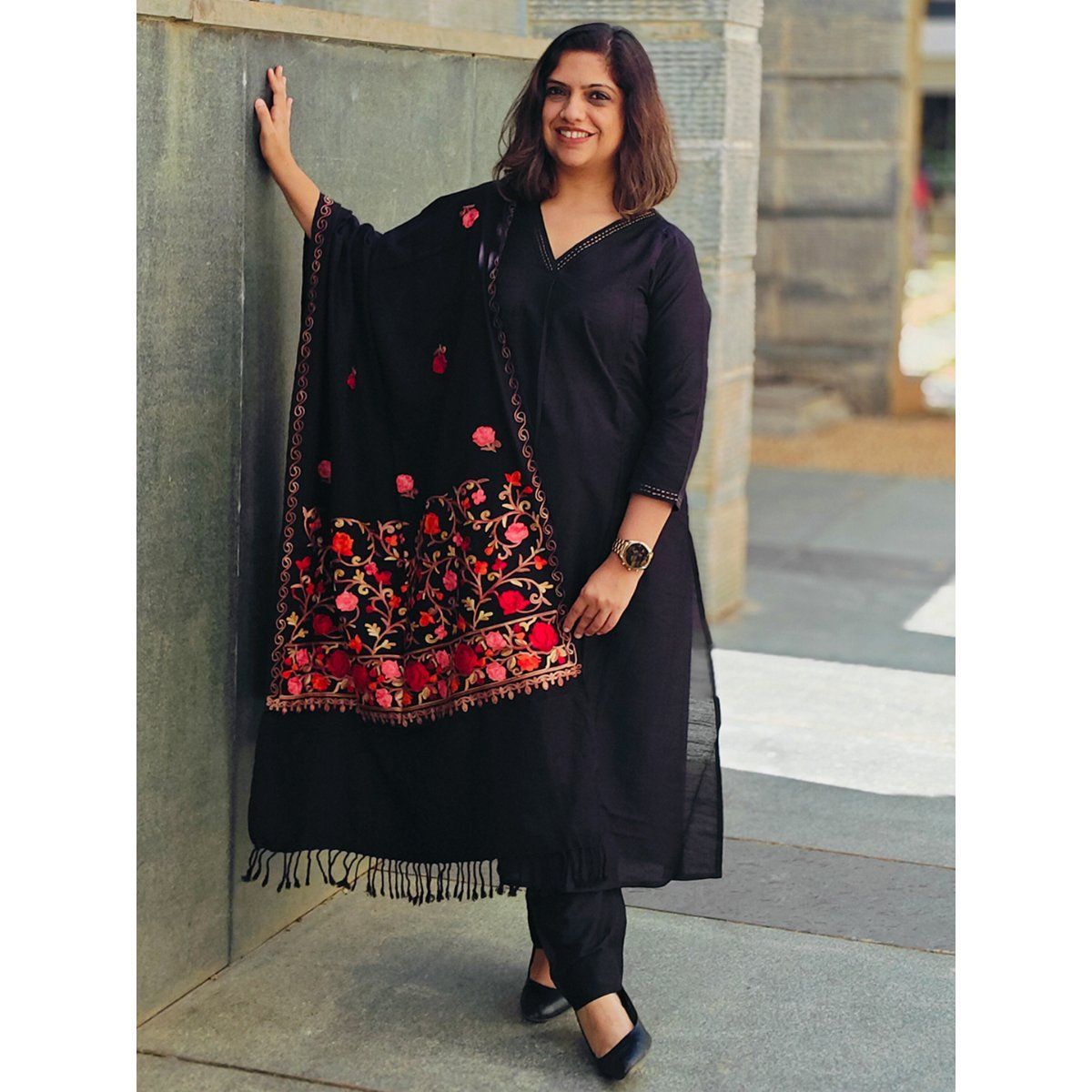 The Mom Store Black Embroidered Maternity Silk Kurta with Pant & Dupatta (Set of 3) (S)