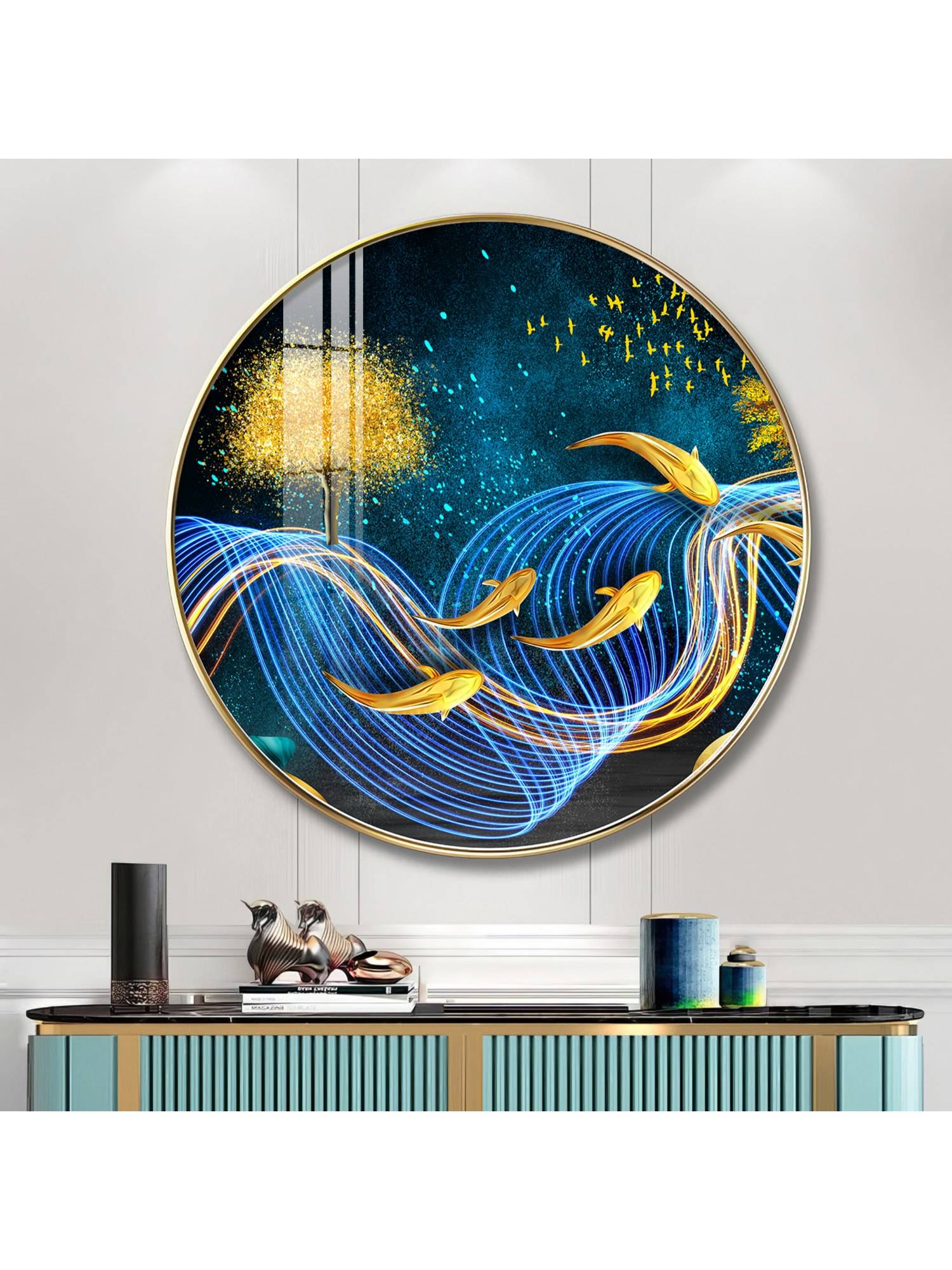 The Next Decor Koi Fish with Blue Background Wood Glass Finish Round Wall Art