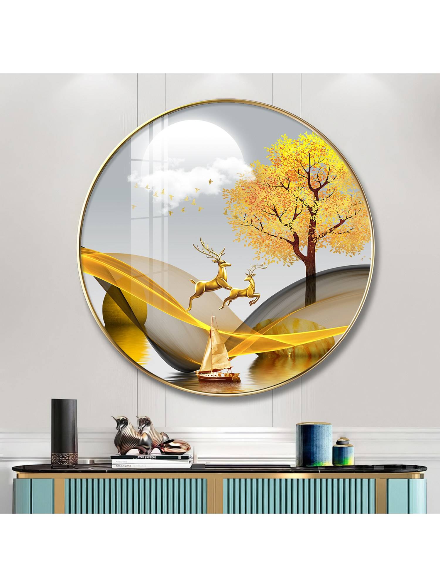The Next Decor Modern Golden Deer Wood Glass Finish Round Wall Art