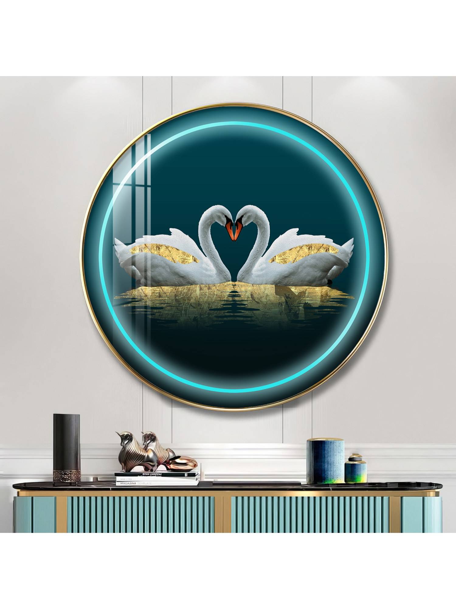 The Next Decor Swan Symphony Wood Glass Finish Round Wall Art