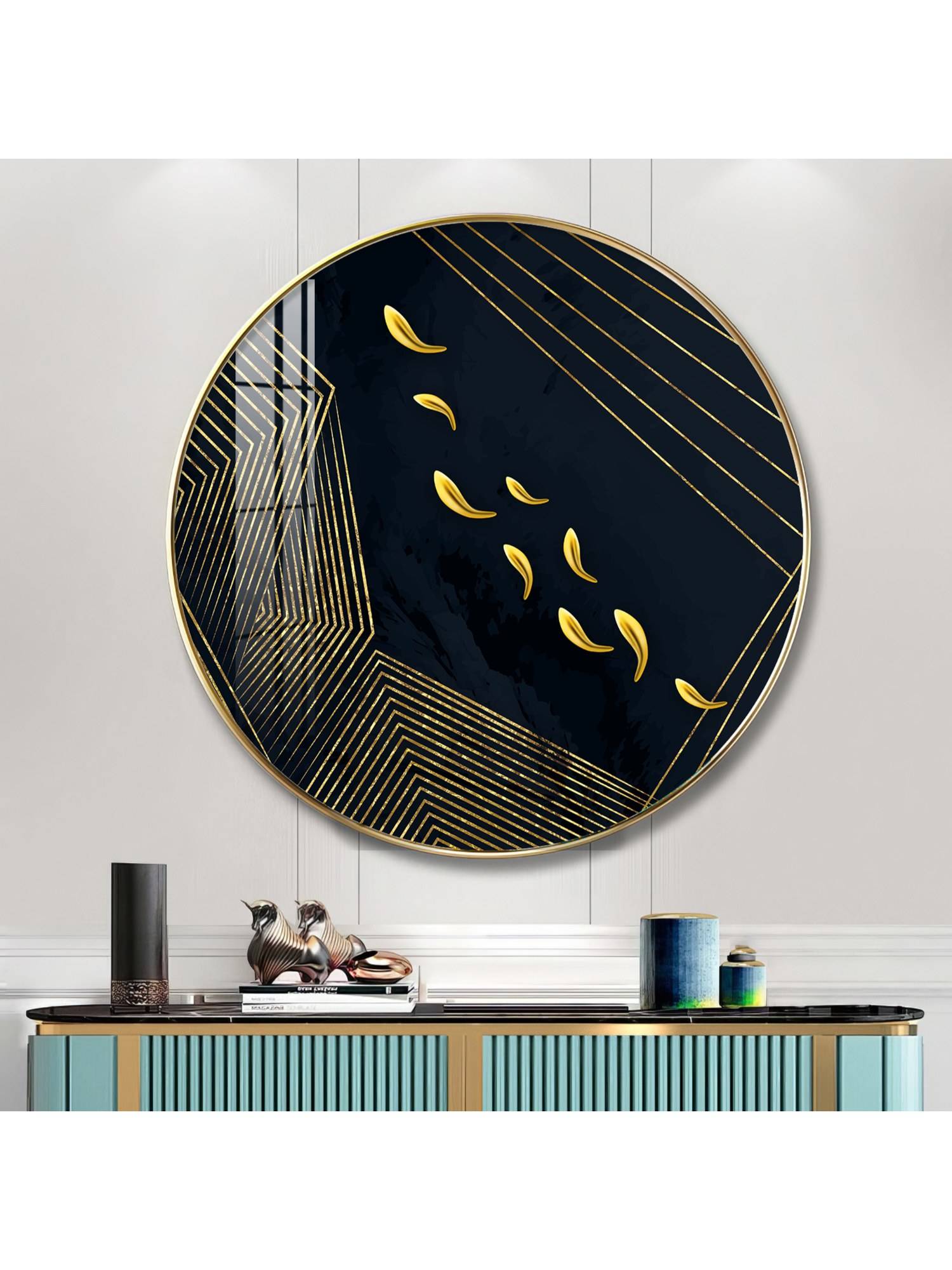 The Next Decor Golden Artwork Wood Glass Finish Round Wall Art