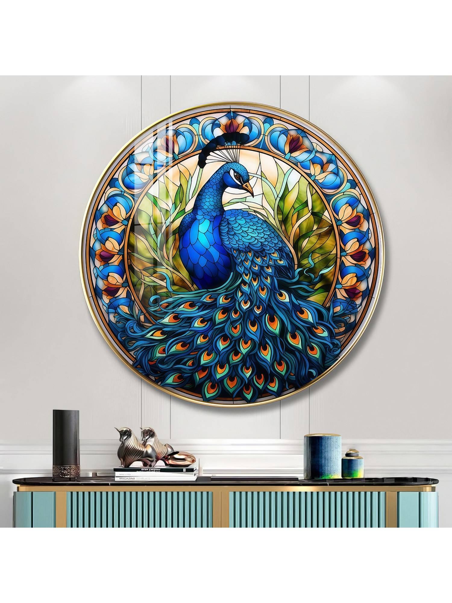 The Next Decor Peacock Majesty Wood Glass Finish Round Wall Art