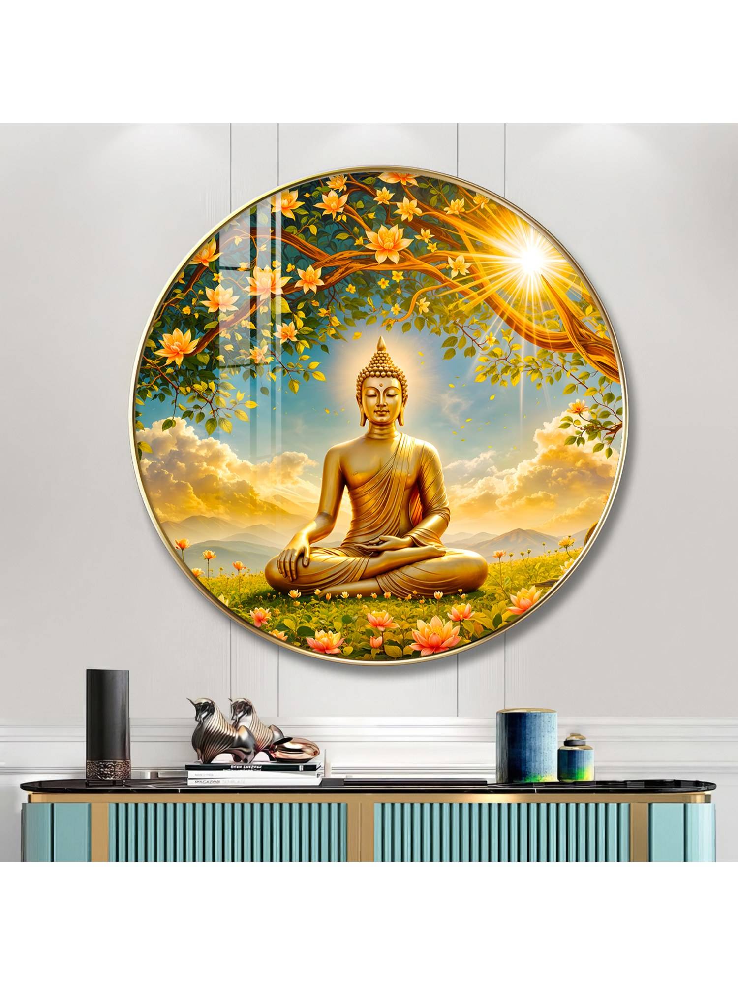 The Next Decor Spiritual Buddha Wood Glass Finish Round Wall Art