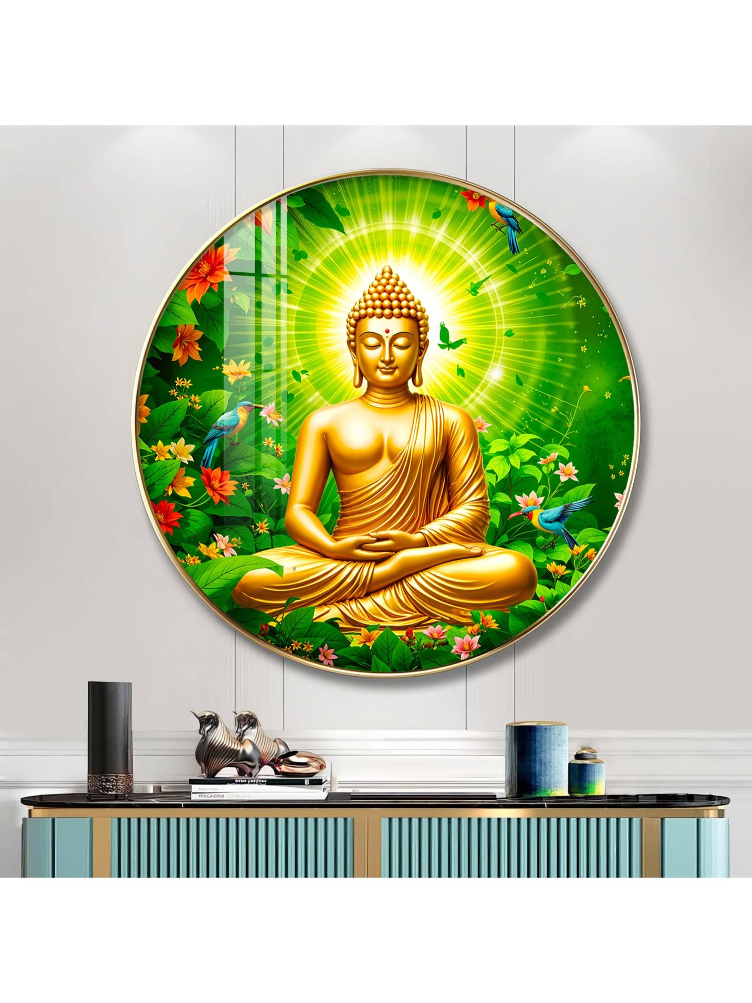 The Next Decor Buddha Bliss Flower Wood Glass Finish Round Wall Art