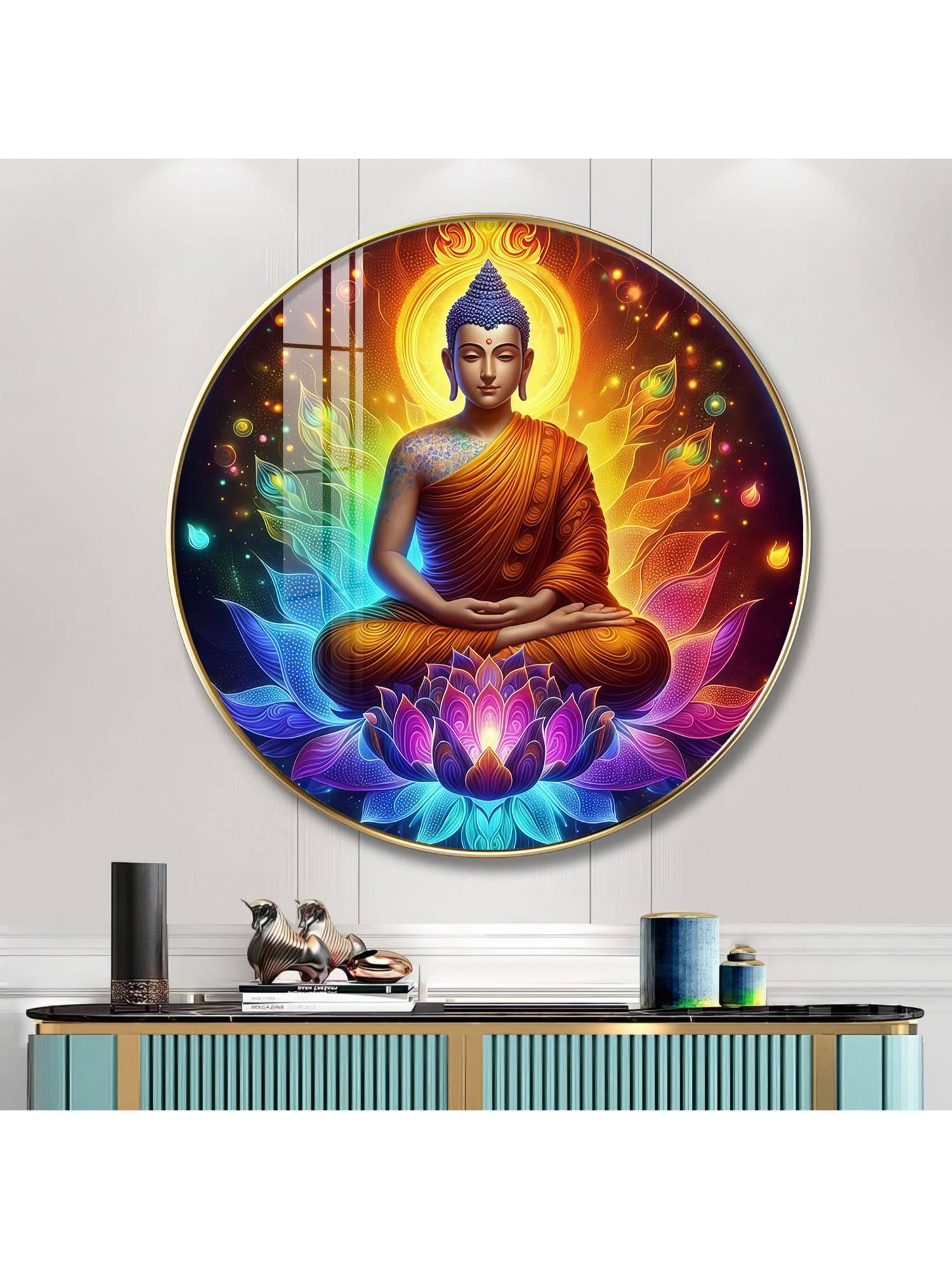 The Next Decor Meditating Buddha Wood Glass Finish Round Wall Art