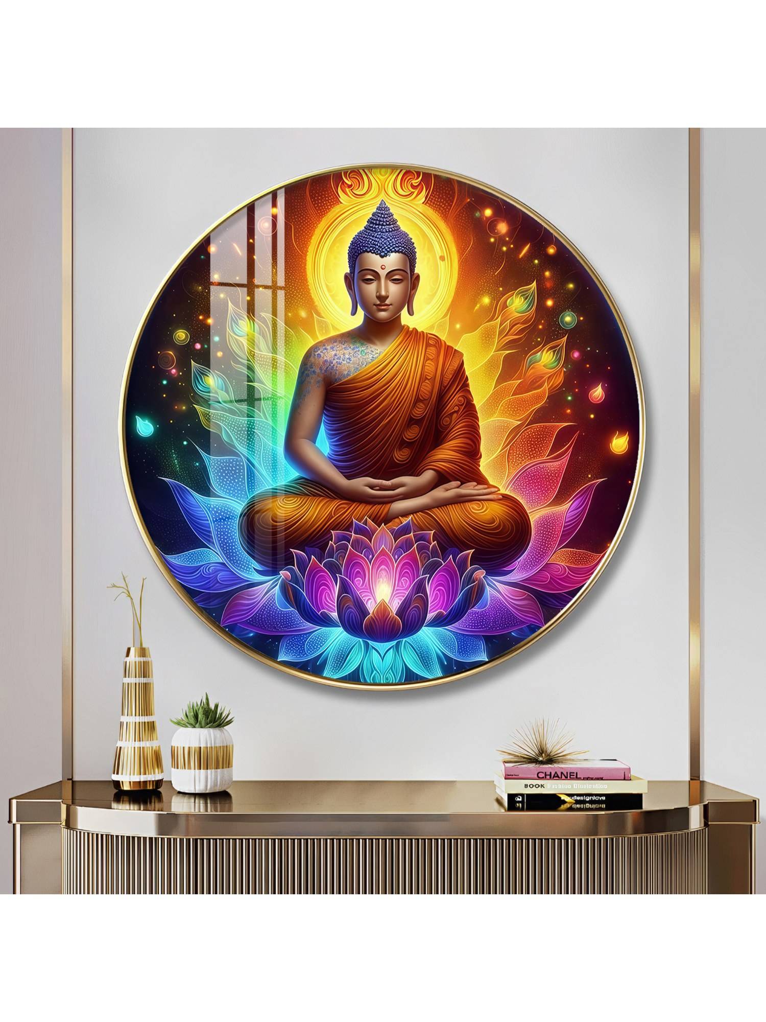 Buy The Next Decor Meditating Buddha Wood Glass Finish Round Wall Art ...