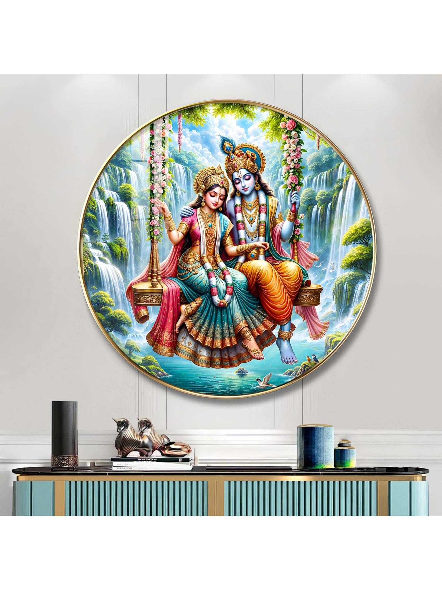 The Next Decor Ethereal Goddess Radha and God Krishna Wood Glass Finish Round Wall Art
