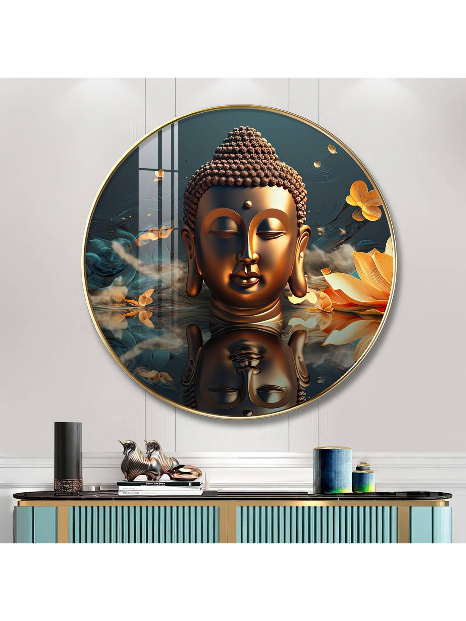 The Next Decor Mediating Buddha Blessing Wood Glass Finish Round Wall Art