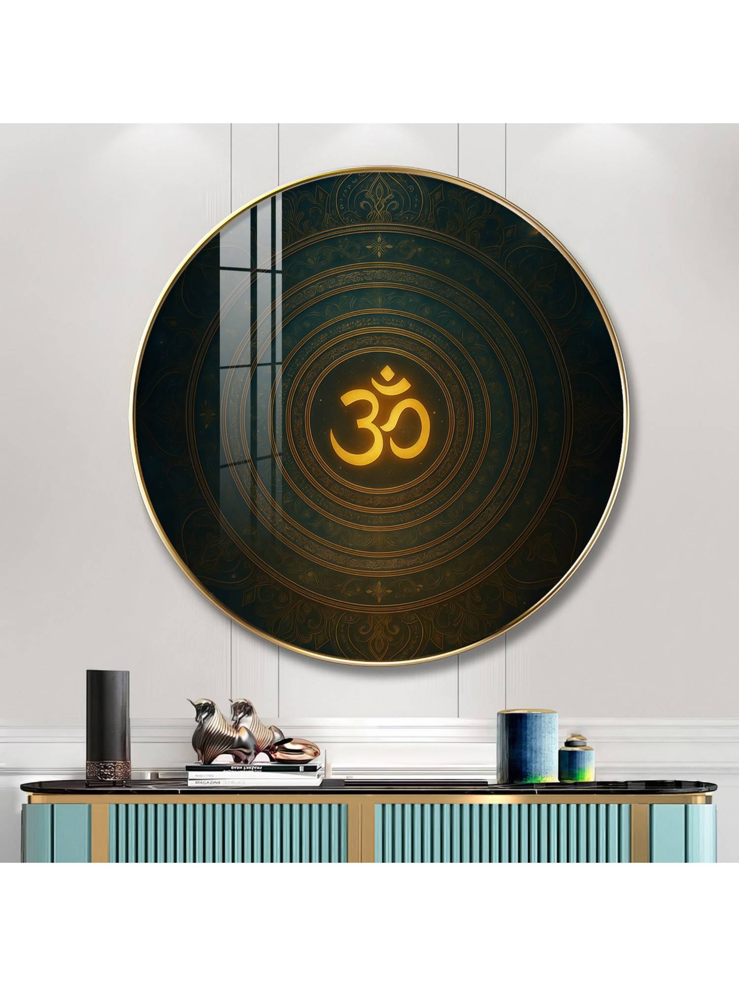 The Next Decor Divine Radiance Om Wood Glass Finish Round Wall Art