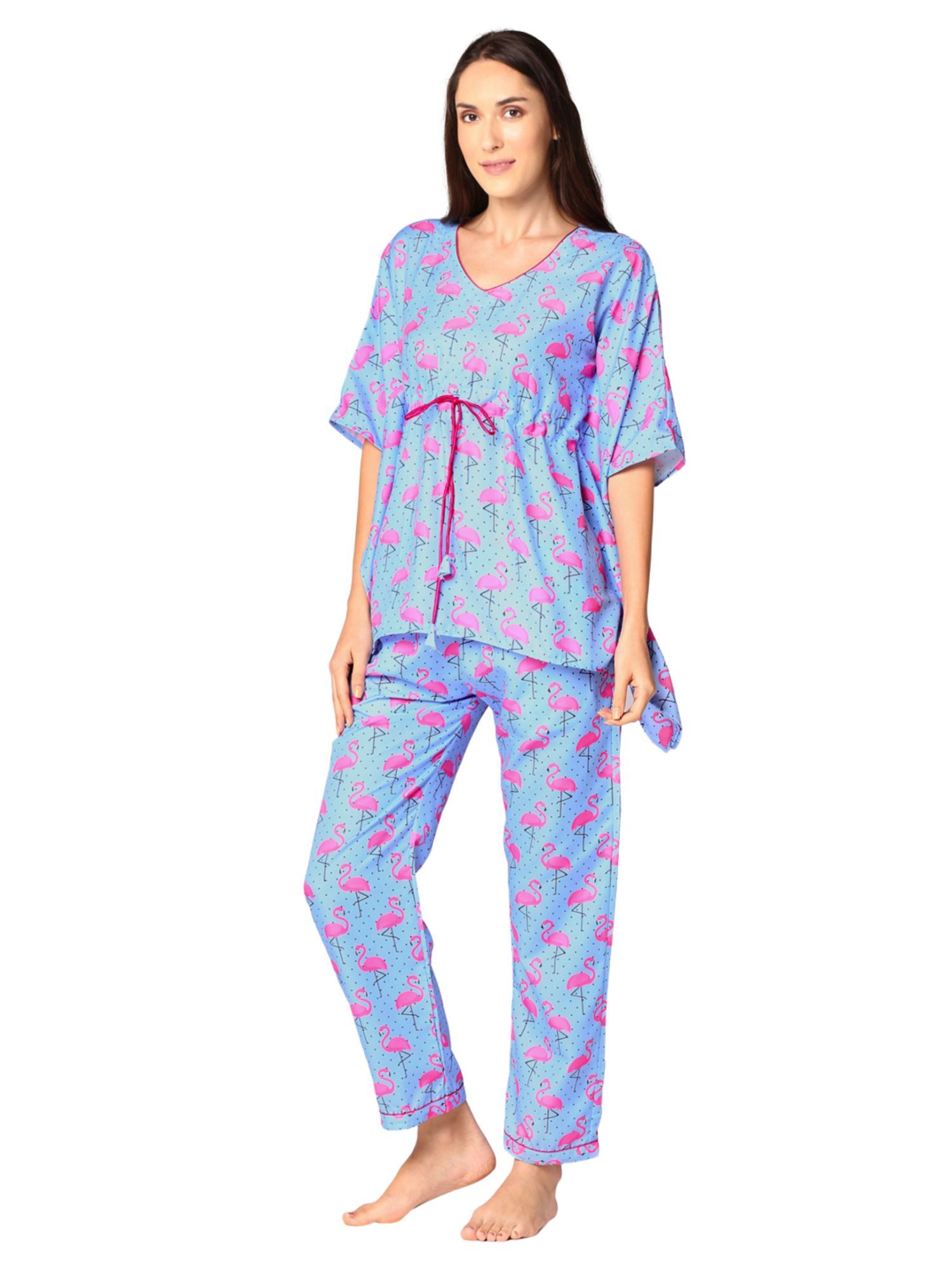 Pyjama Party Flamingo & Dots Kaftan Pj Set - Cotton Rayon Pj Set In ...