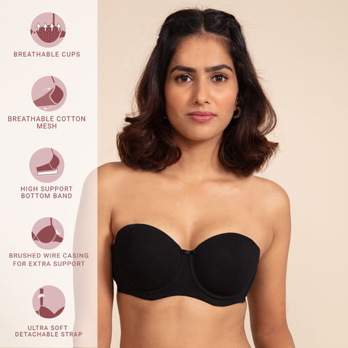 Buy Nykd by Nykaa Breathe Cotton Padded wired Strapless bra Medium coverage  - Black NYB172 Online