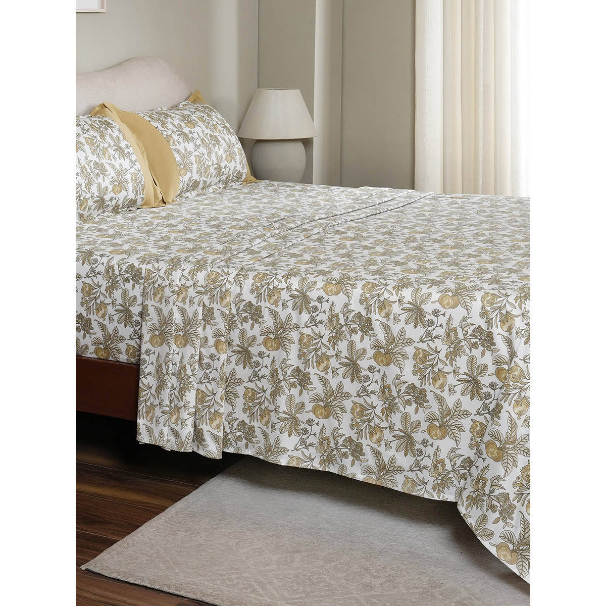 Maspar 100% Cotton Yellow Floral Printed Bedsheet with 1 Pillow Cover (Single)