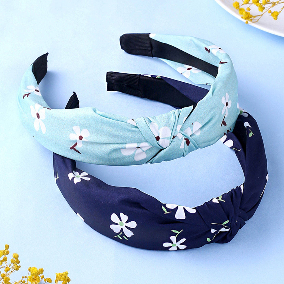 Yellow Chimes Women Blue And Green Set Of 2 Floral Printed Knot Hairband