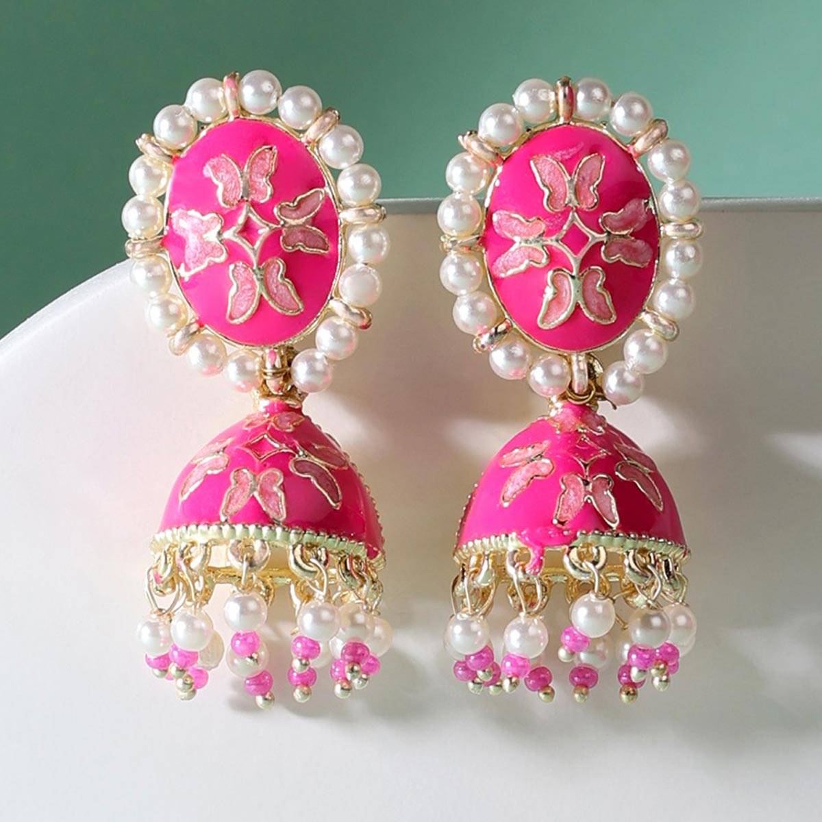 Zaveri Pearls Pink Meenakari Traditional Jhumki Earring-ZPFK14376