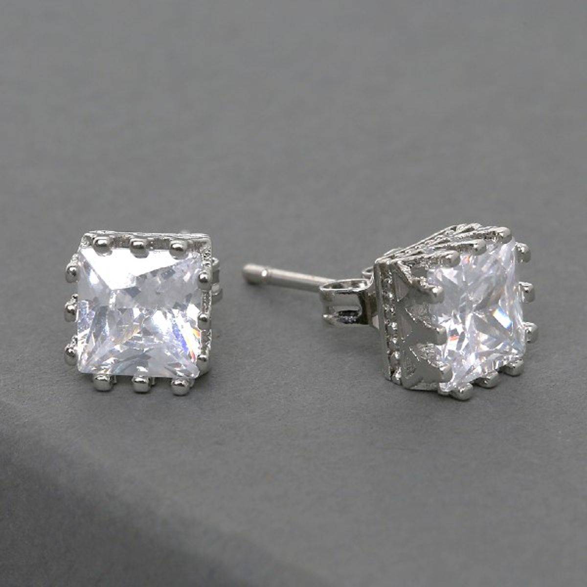 Fabula Silver Plated Square Cubic Zirconia Office Wear Fashion Stud Earrings