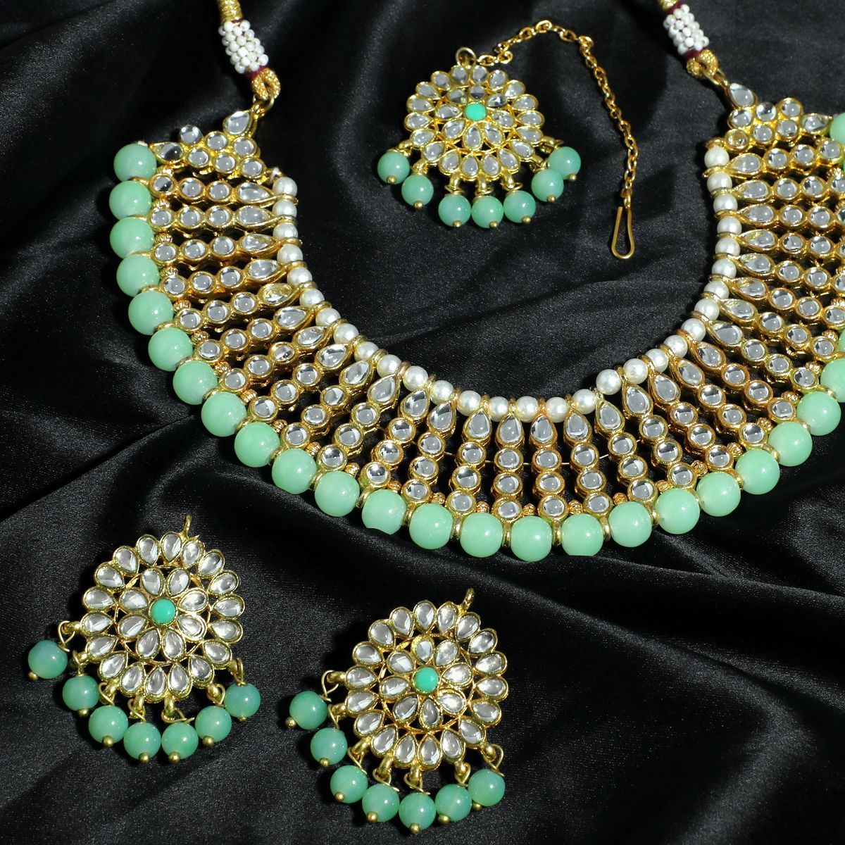 Mint Green Necklace Set - HRISHA JEWELS - 4121915