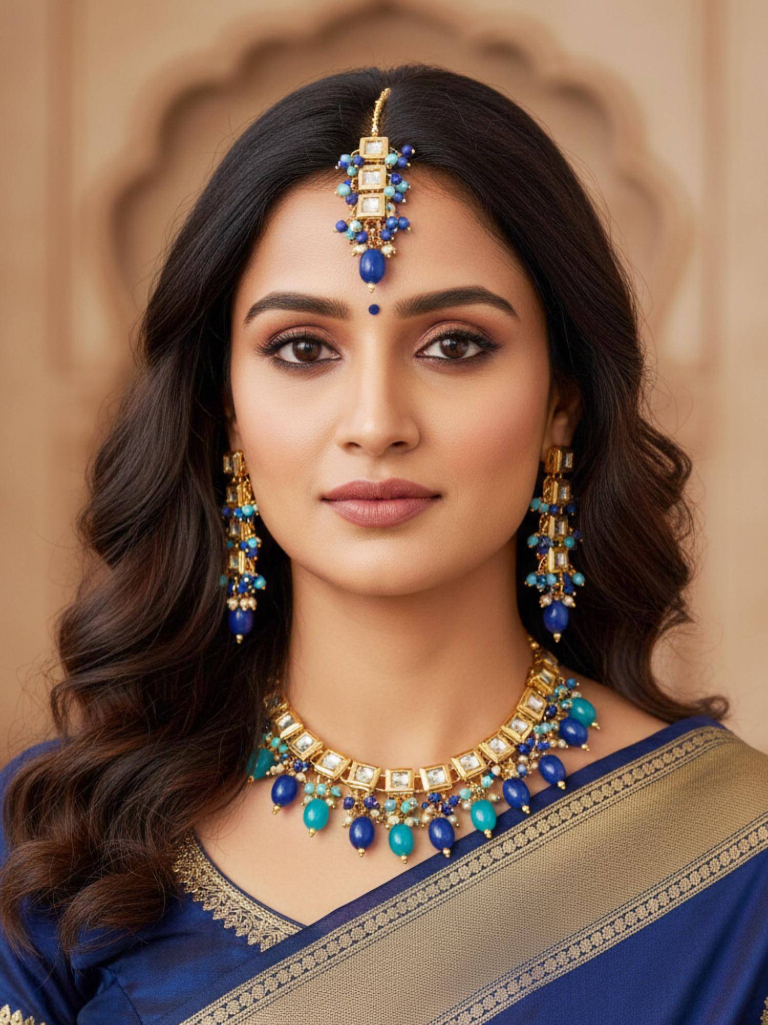 LUCKY JEWELLERY Turquoise and Blue 18K Gold Plating Back Meenakari Kundan Jewellery Set