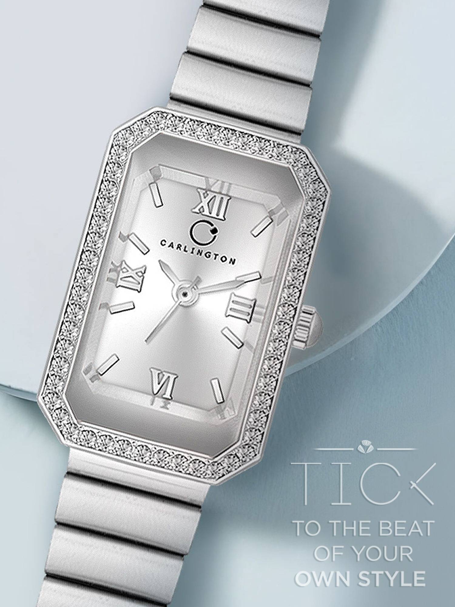 CARLINGTON Women Silver Stainless Steel Rectangular Dial Watch (Iconic 2032 Silver) (M)