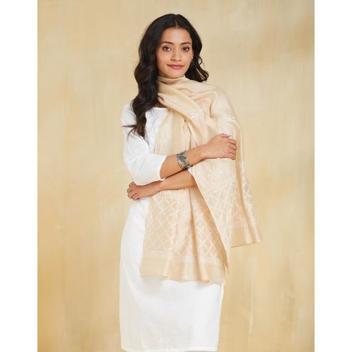 Fabindia Beige Cotton Silk Chikankari Stole - Main Image