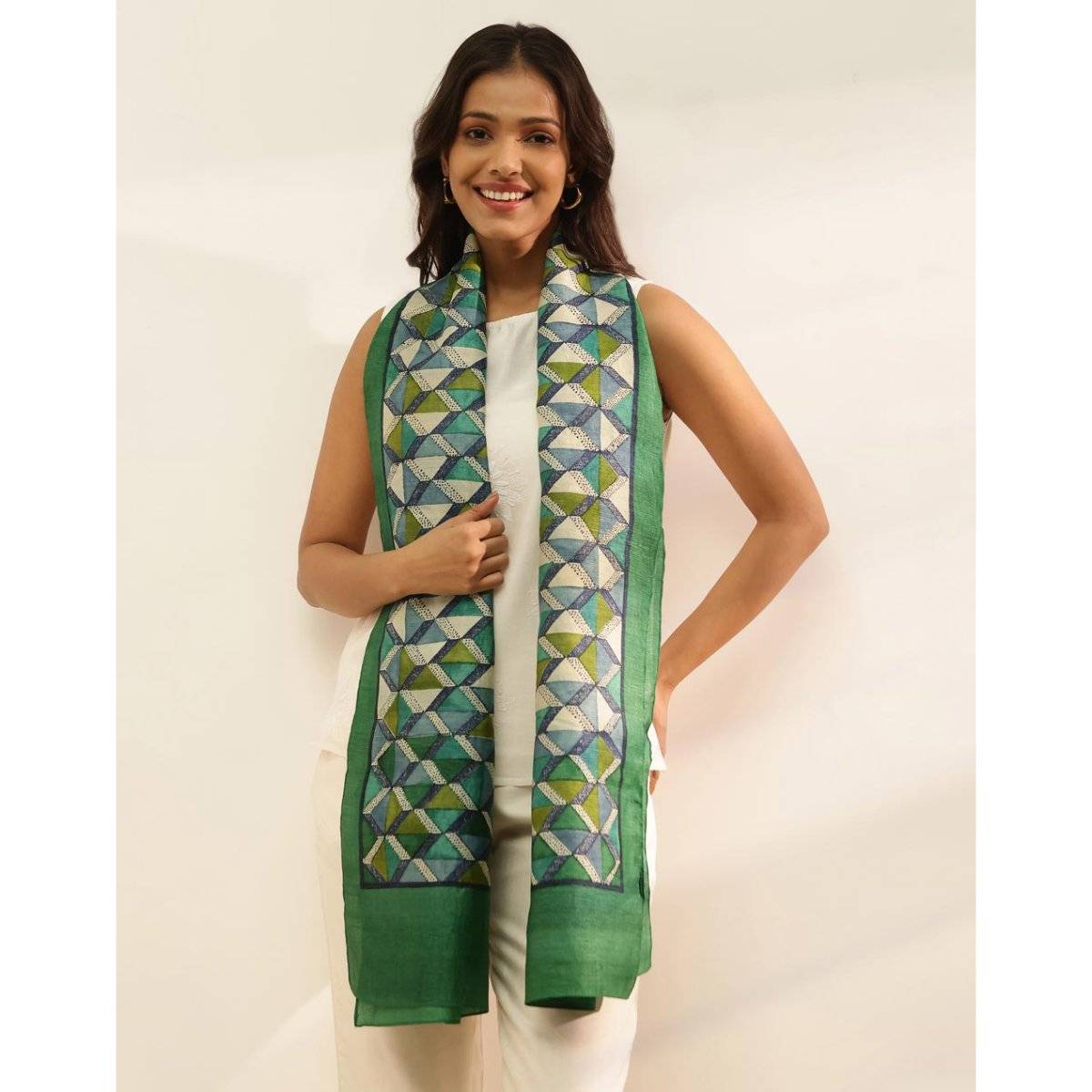 Fabindia Green Silk Hand Block Printed Stole