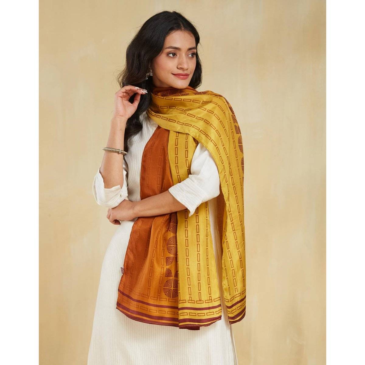 Fabindia Mustard Silk Printed Stole