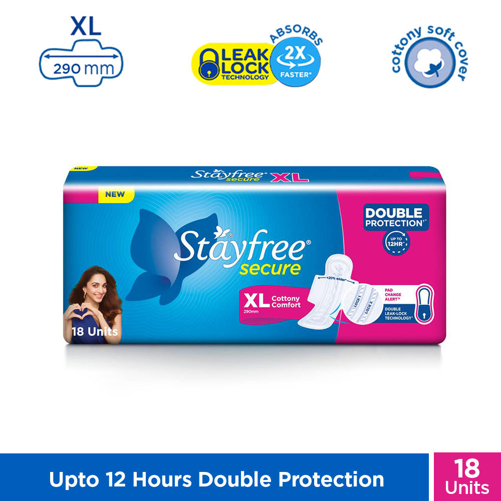 Stayfree Secure Extra Large Sanitary Pads with Cottony Soft Cover - XL - Pack of 18