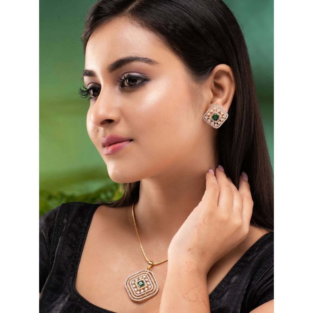 Saraf RS Jewellery Gold Toned Green Ad Embellished Designer Pendant Jewellery (Set Of 3)