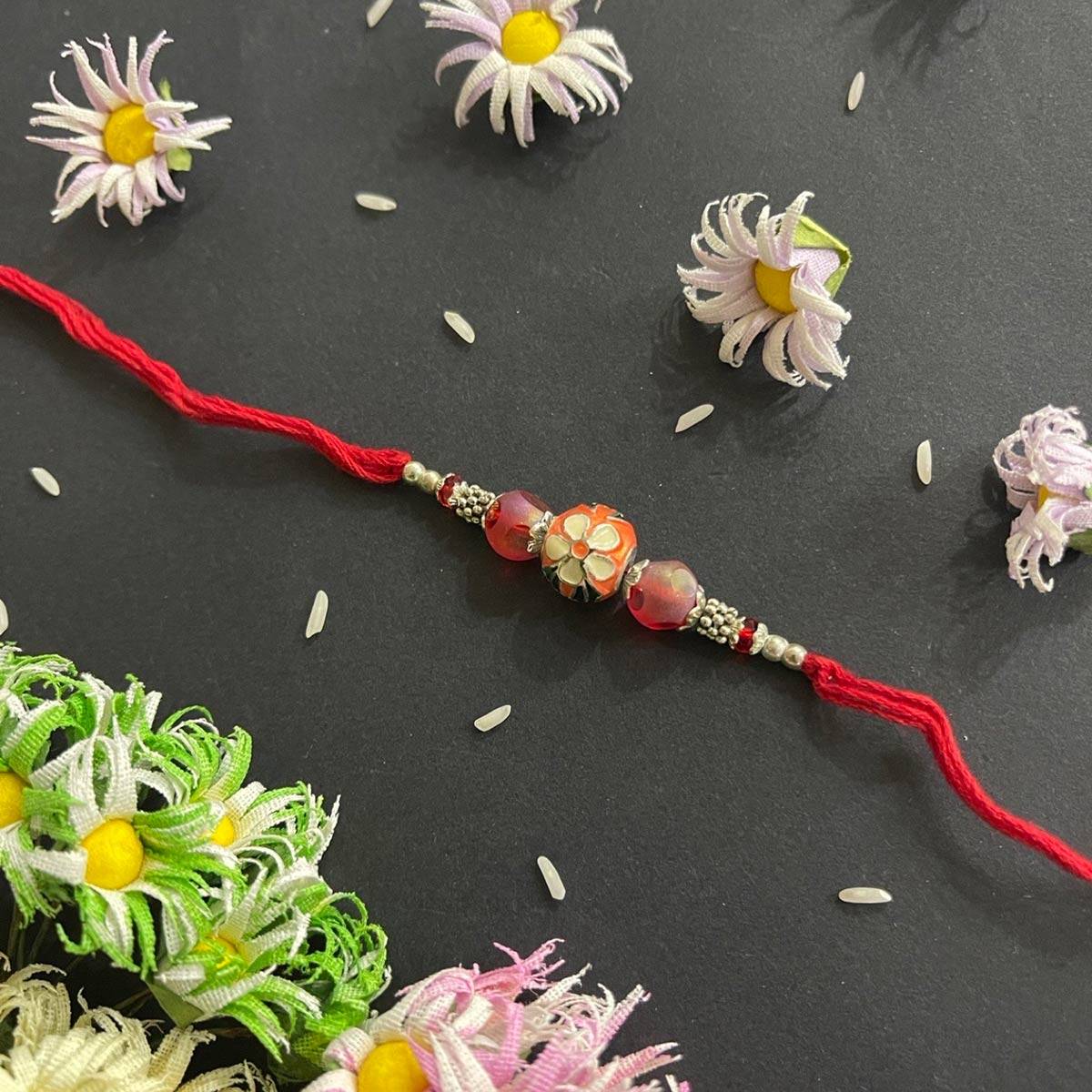 Digital Dress Room Designer Rakhi Meenakari Orange Kundan Bead Red Thread Rakhi