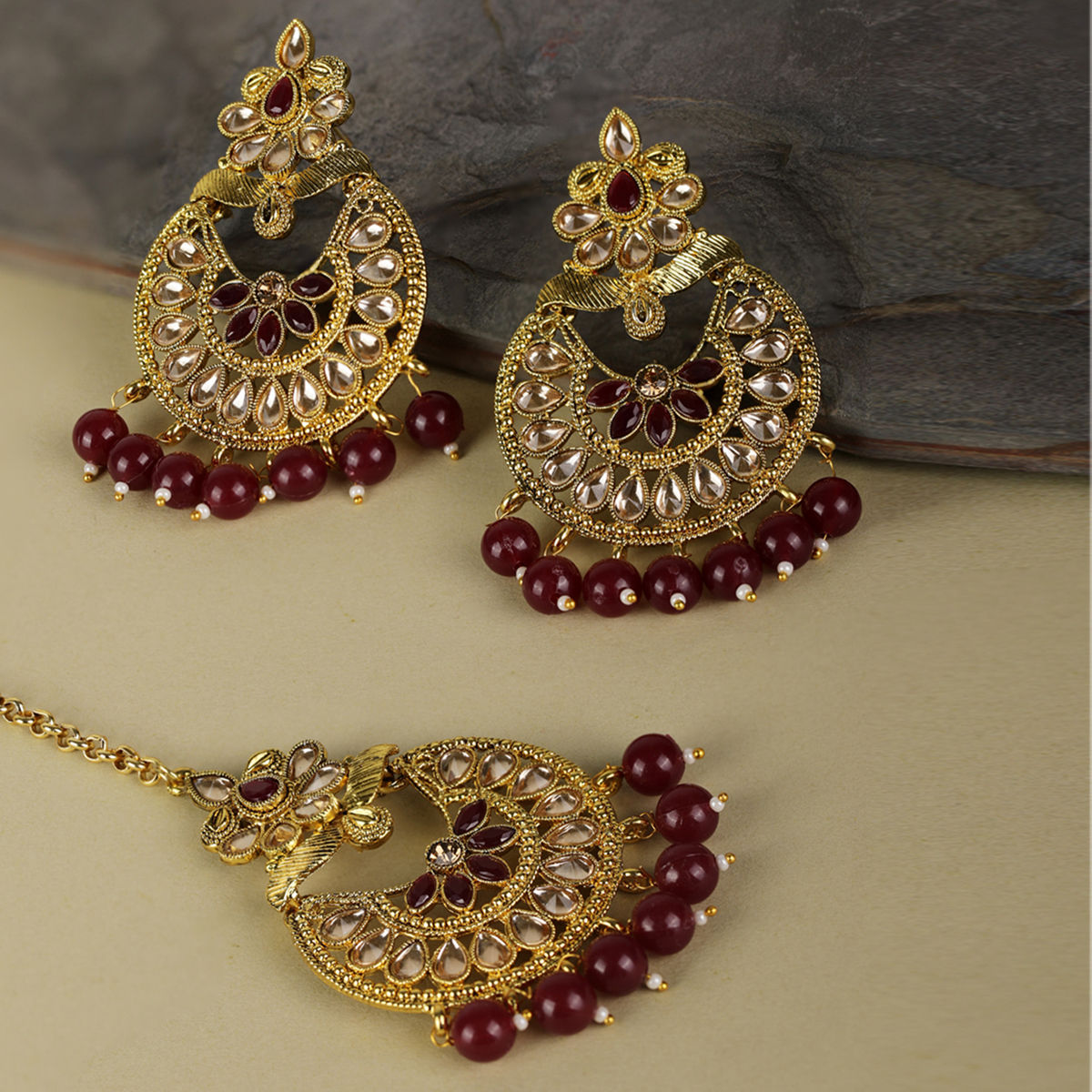 Priyaasi Kundan and Maroon Stone Studded Maang Tikka and Earring Set