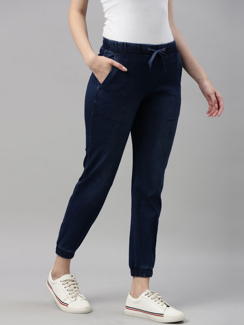 Buy Go Colors Women Solid Cotton Mid Rise Joggers - Blue Online