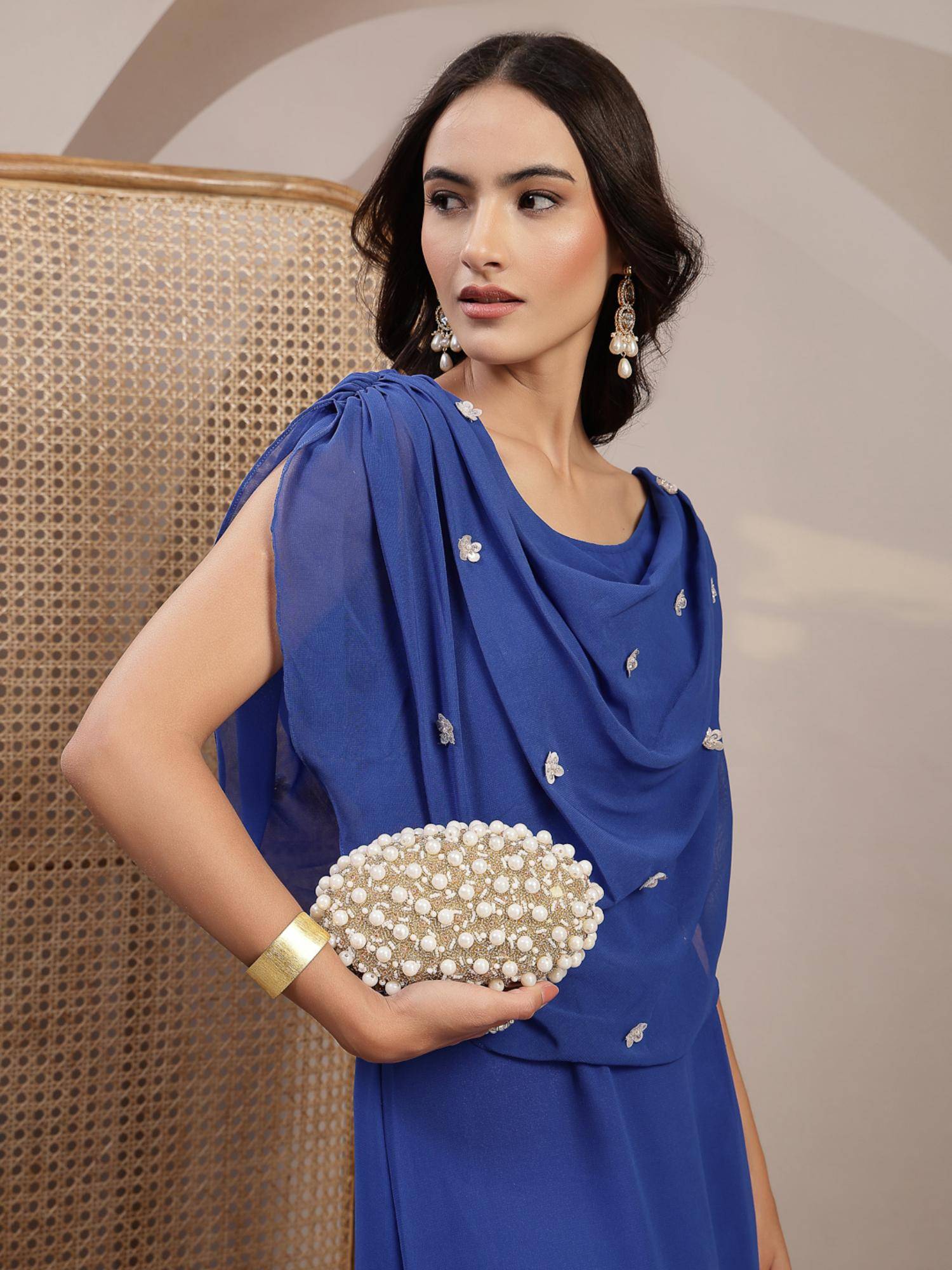 Anekaant Opal Thread Gold Suede Pearl Beaded Clutch