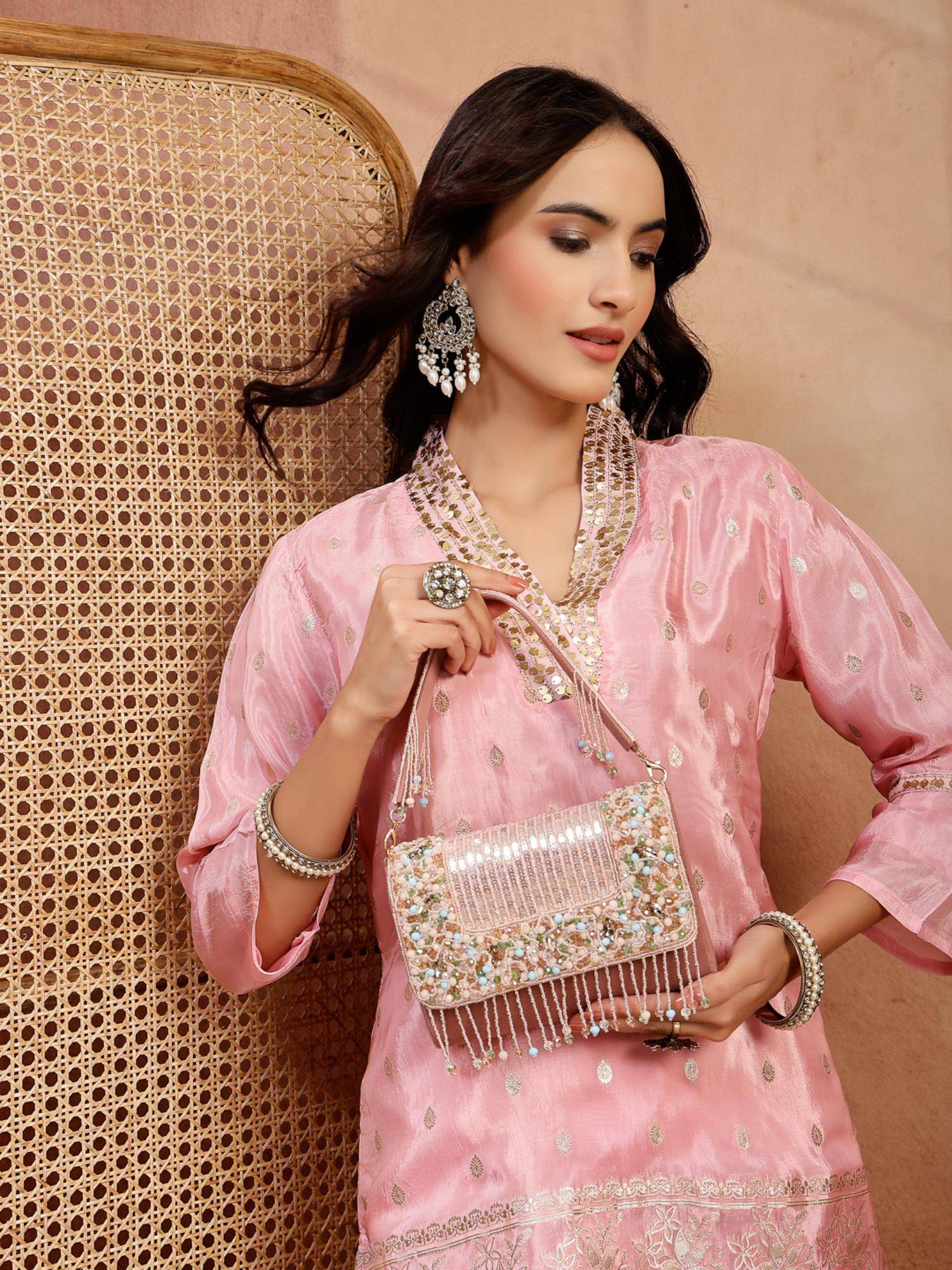 Anekaant Women's blush and Bead Dusky Pink and Pastel Multi Suede Embellished Clutch