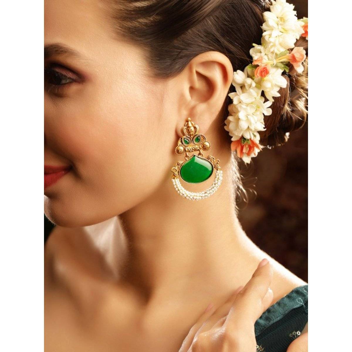 Priyaasi Gold Plated Green Drop Earrings
