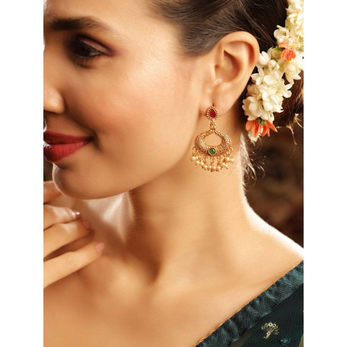 Priyaasi Gold Plated Temple Drop Earrings