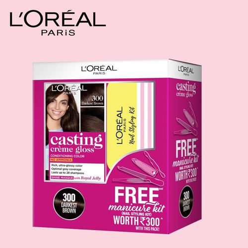 L Oreal Paris Casting Creme Gloss Hair Colour 300 Darkest Brown With Manicure Kit Free Buy L Oreal Paris Casting Creme Gloss Hair Colour 300 Darkest Brown With Manicure Kit Free Online