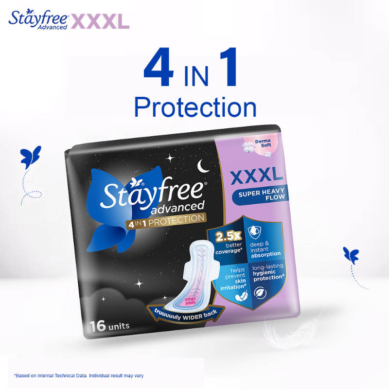 Stayfree Advanced All Nights Sanitary Pads with Cottony Soft Cover for Comfort - XXXL Pack of 16