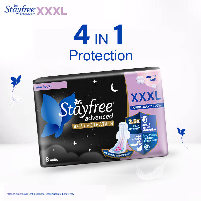 Stayfree Advanced All Nights Sanitary Pads with Cottony Soft Cover for Comfort - XXL+ Pack of 8