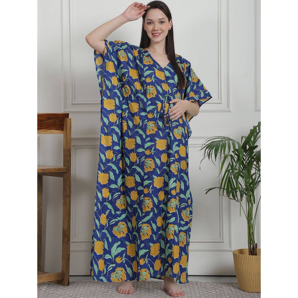 Secret Wish Floral Print Dark Blue Cotton Maternity Kaftan Nighty