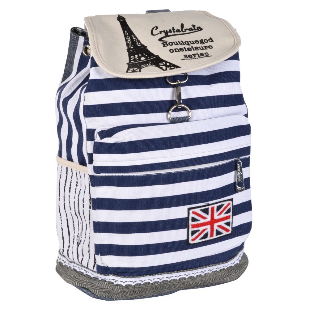 blue and white striped canvas backpack