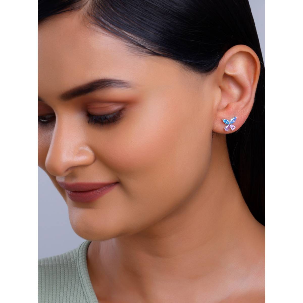 GIVA 925 Silver Women Blue and Pink Butterfly Stud Earrings